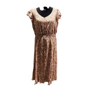 Indigo Rose Floral Midi Dress XL Pink Brown Flutter Sleeve Smocked Waist V-Neck